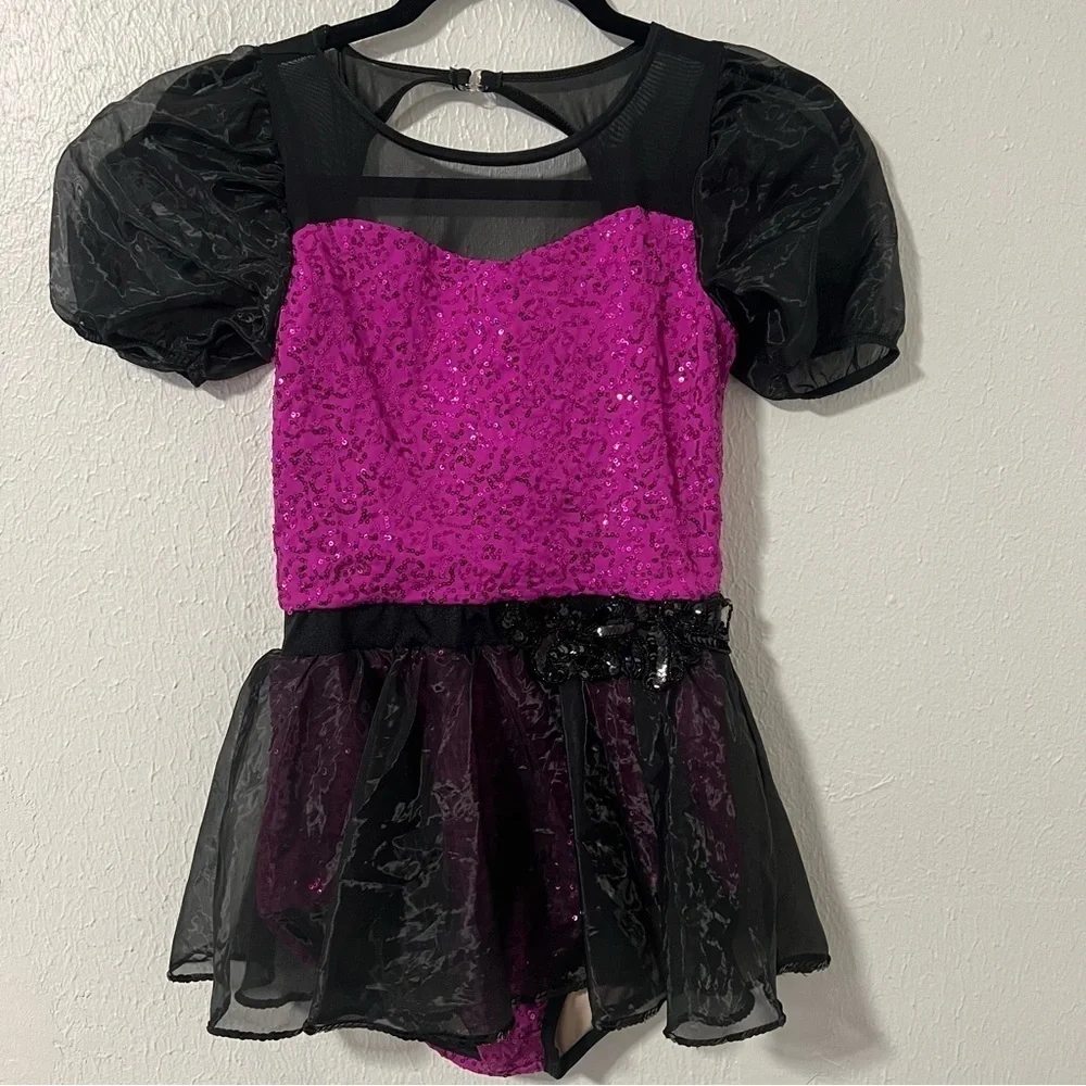 Weissman Girls Large LC (12-14) Plum & Black Dance Costume Sheer Sleeves #13799